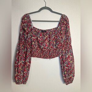 JACQUIE THE LABEL Smocked Floral Puff-Sleeve Crop Top